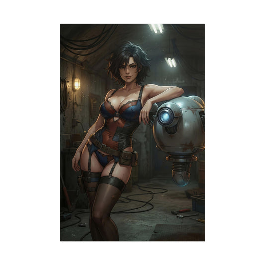 Fallout Woman Poster / Fallout Woman Wall Art / Fallout Woman Art Print / Fallout Poster - bold post-apocalyptic pin-up woman leaning on a robot in a dim vault