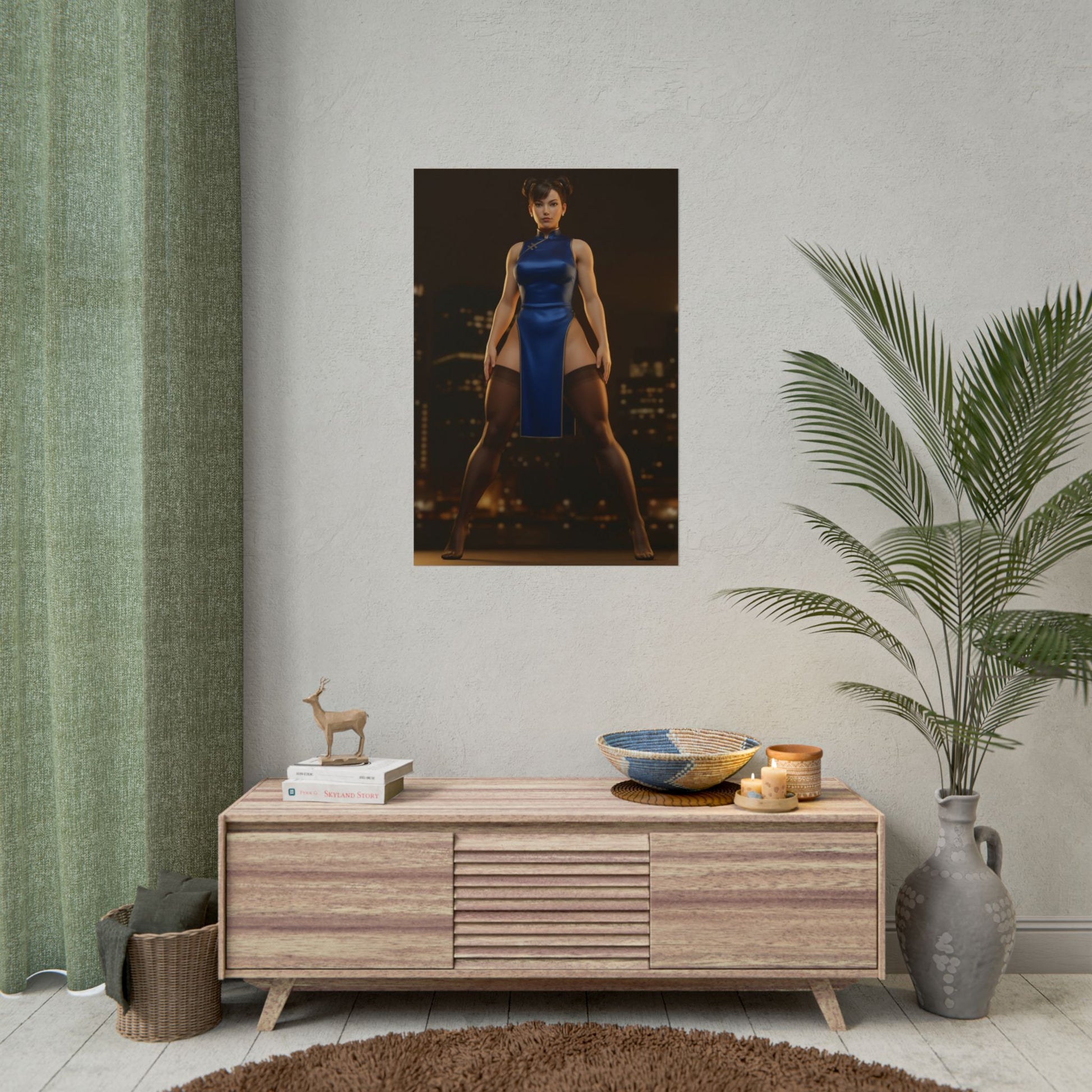 Chun-Li Poster, Street Fighter Art Print – Classic Arcade Wall Art on neutral wall above gaming setup, character-focused retro arcade decor