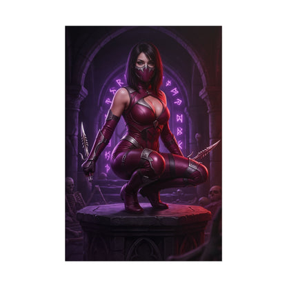 Mileena Mortal Kombat Poster – Iconic Fighting Game Villain Heroine Art, high-res dark red portrait of Mileena with sais on gothic pedestal