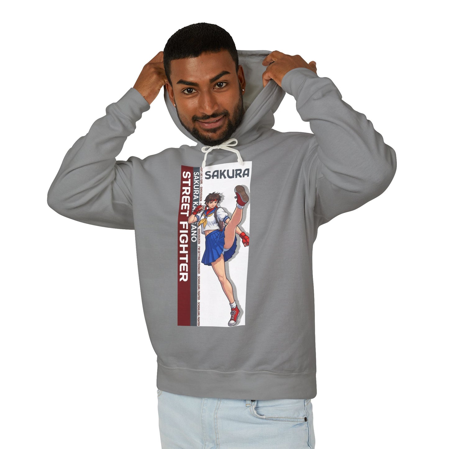 Sakura Hoodie | Street Fighter Hoodie | Anime Martial Artist Pullover model wearing gray pullover with vibrant Sakura illustration