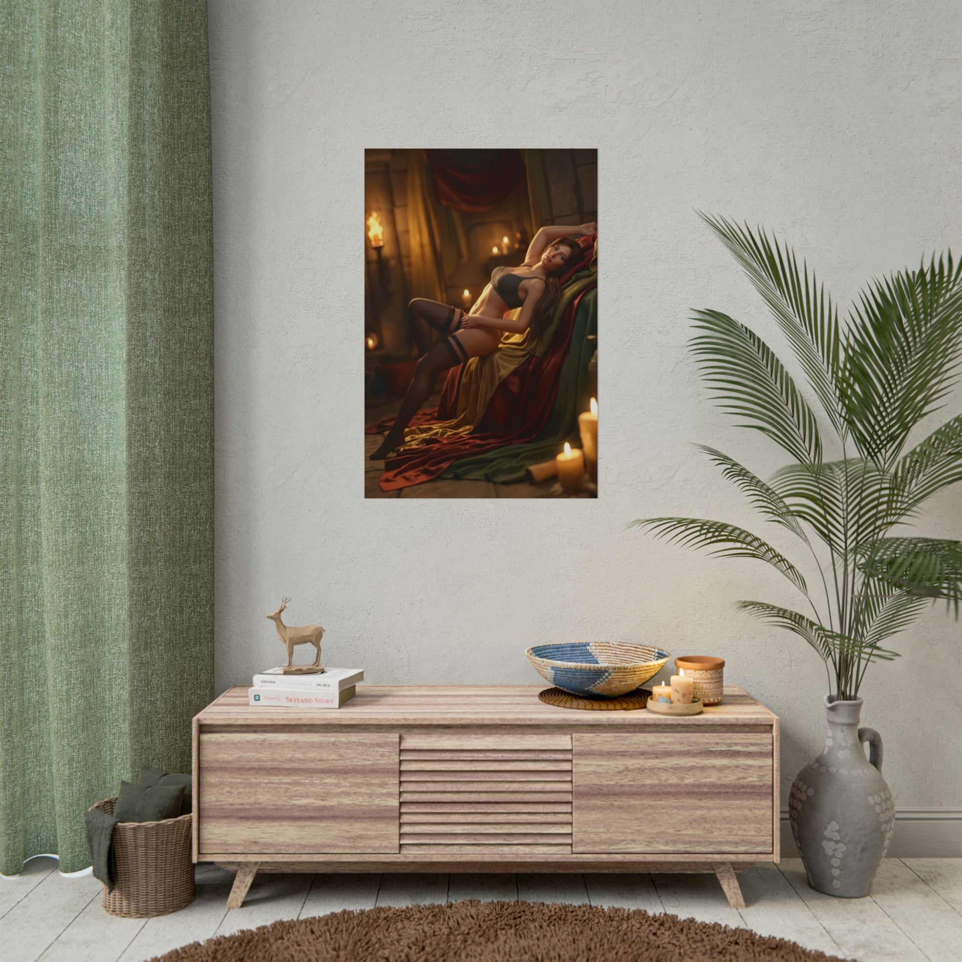 Lara Croft Poster, Tomb Raider Art Print – Adventure Wall Decor for Gamers showcasing sensual Lara Croft art in a cozy gamer room setting