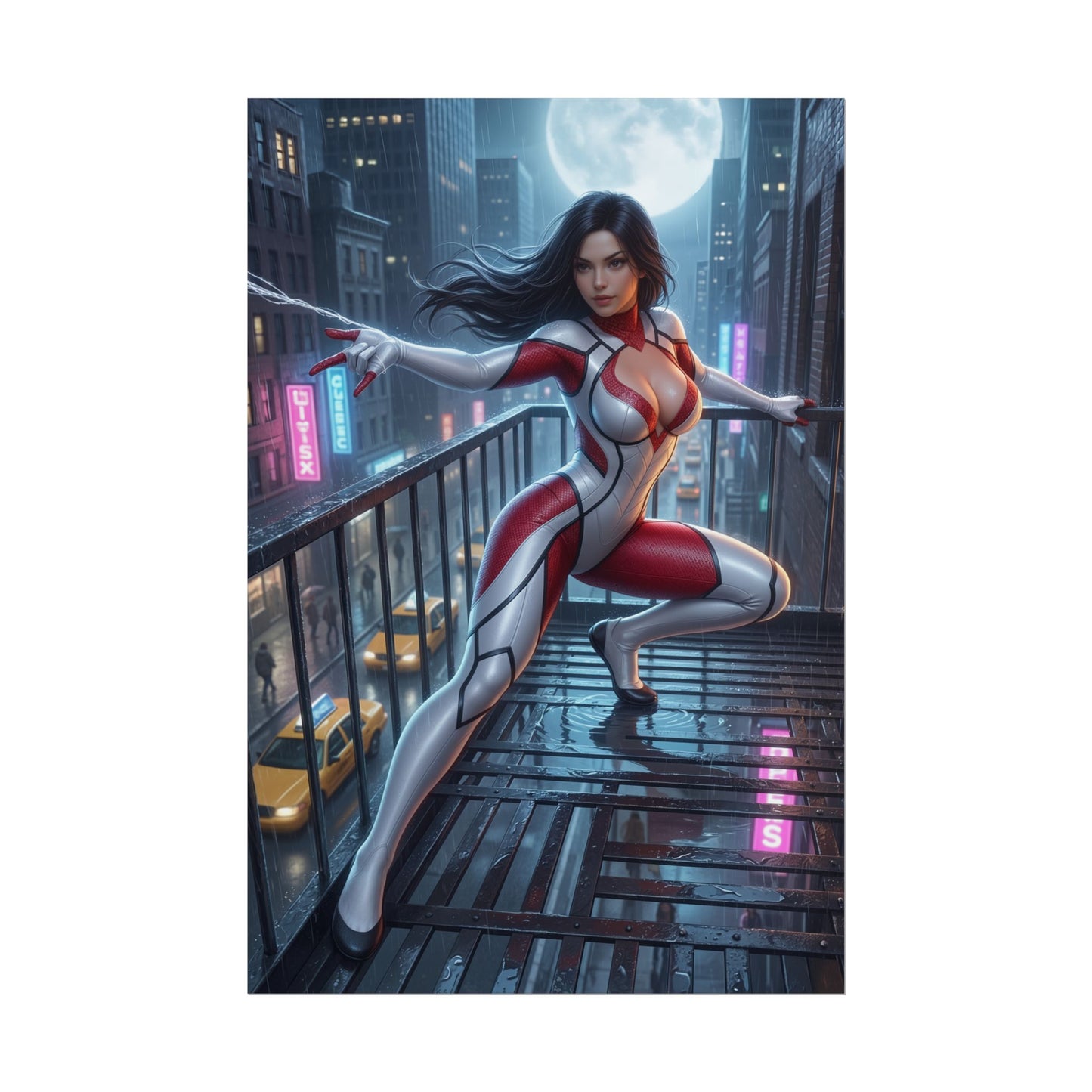 Spider-Woman Poster, Marvel Art Print – Superhero Wall Art featuring Spider-Woman in futuristic cityscape on a fire escape at night