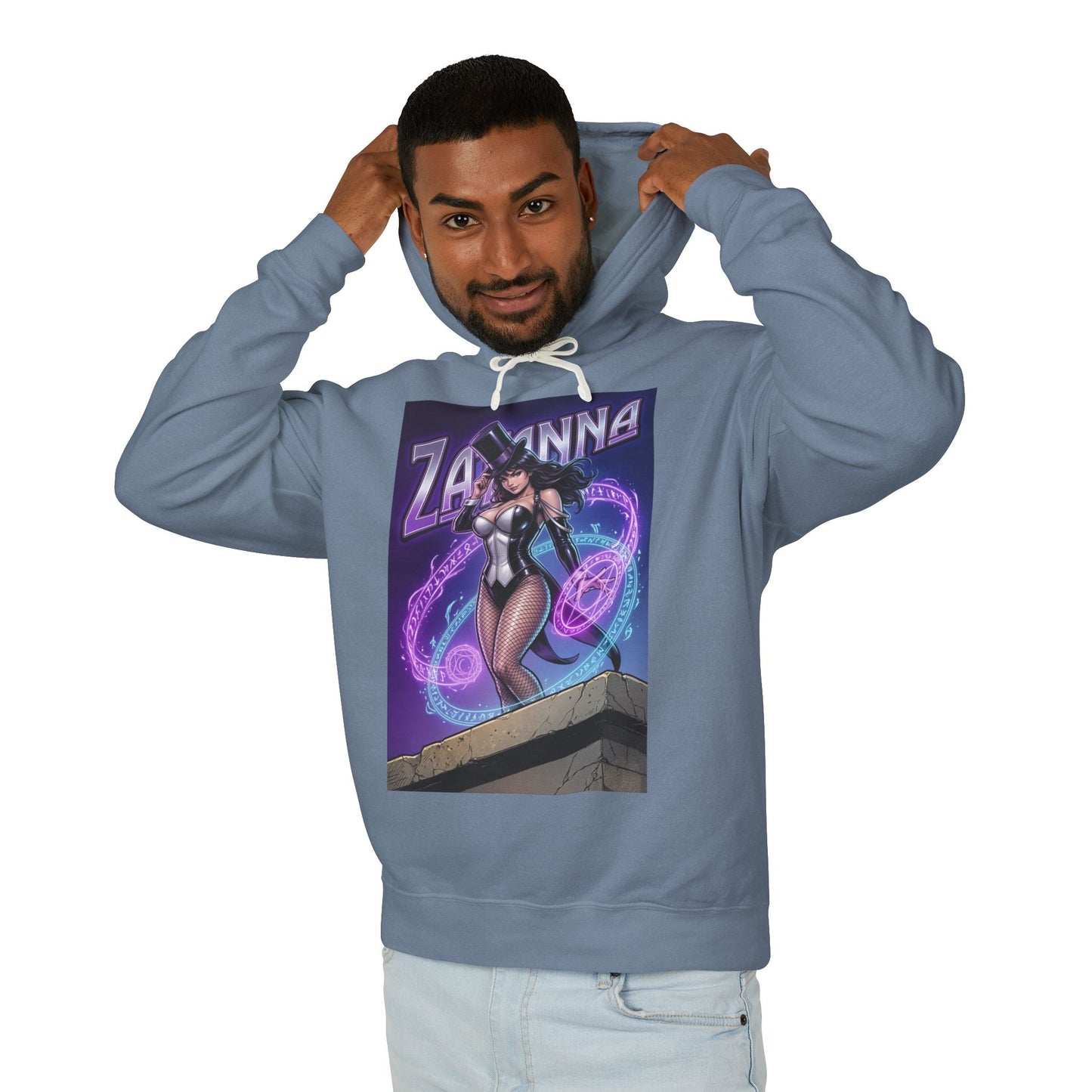 Zatanna Hoodie | DC Magic Hero Hoodie | Master Illusionist Pullover model wearing blue cotton Zatanna graphic hoodie with magical sigils
