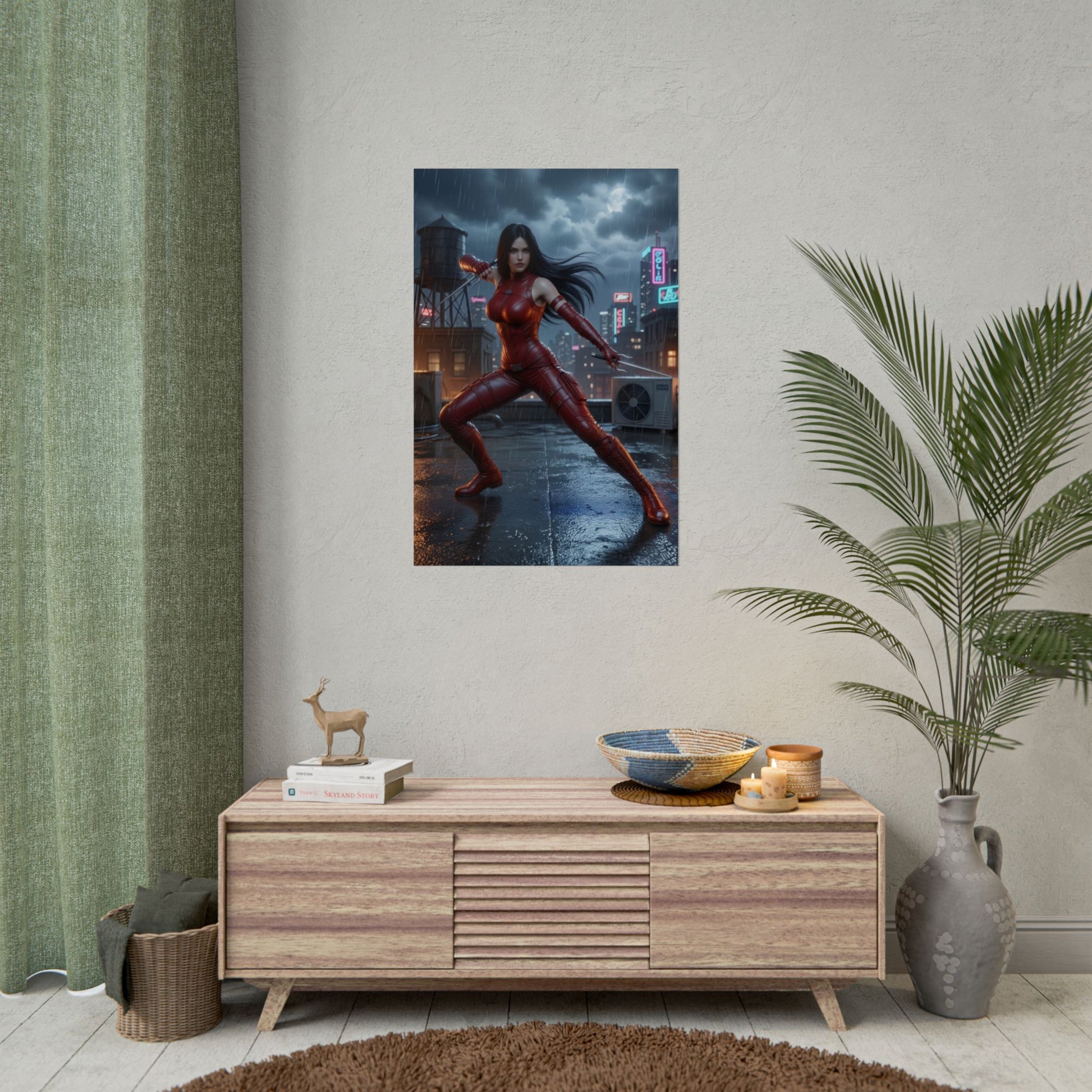 Elektra Poster, Marvel Art Print – Superhero Assassin Wall Art hung in modern game room with dramatic lighting