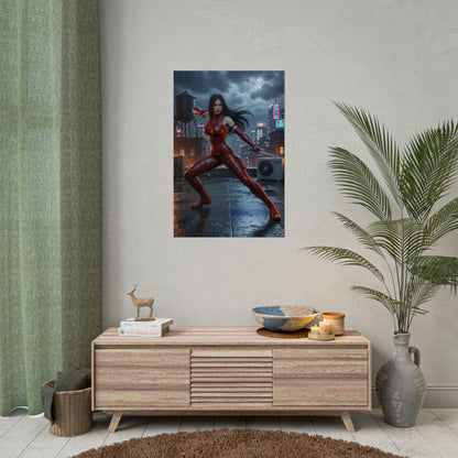 Elektra Poster, Marvel Art Print – Superhero Assassin Wall Art hung in modern game room with dramatic lighting