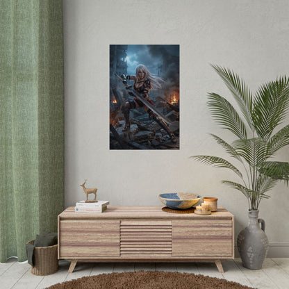 A2 Poster, NieR Automata Art Print – Iconic Android Warrior Wall Art: dramatic gamer room display of A2 holding massive sword above ruined city