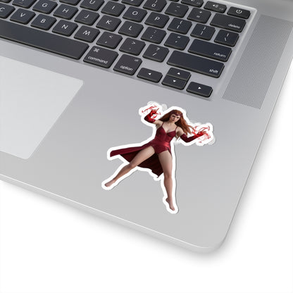 Scarlet Witch Sticker – Comic Heroine Vinyl Sticker for Laptops & Indoor Decor on silver laptop, glossy durable vinyl, vibrant comic-style art