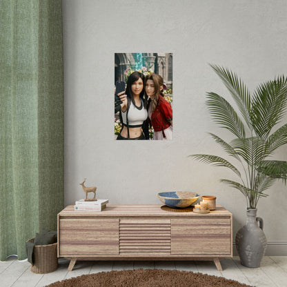 Tifa and Aerith Final Fantasy Poster – Iconic RPG Heroines Wall Art hanging in modern gaming room