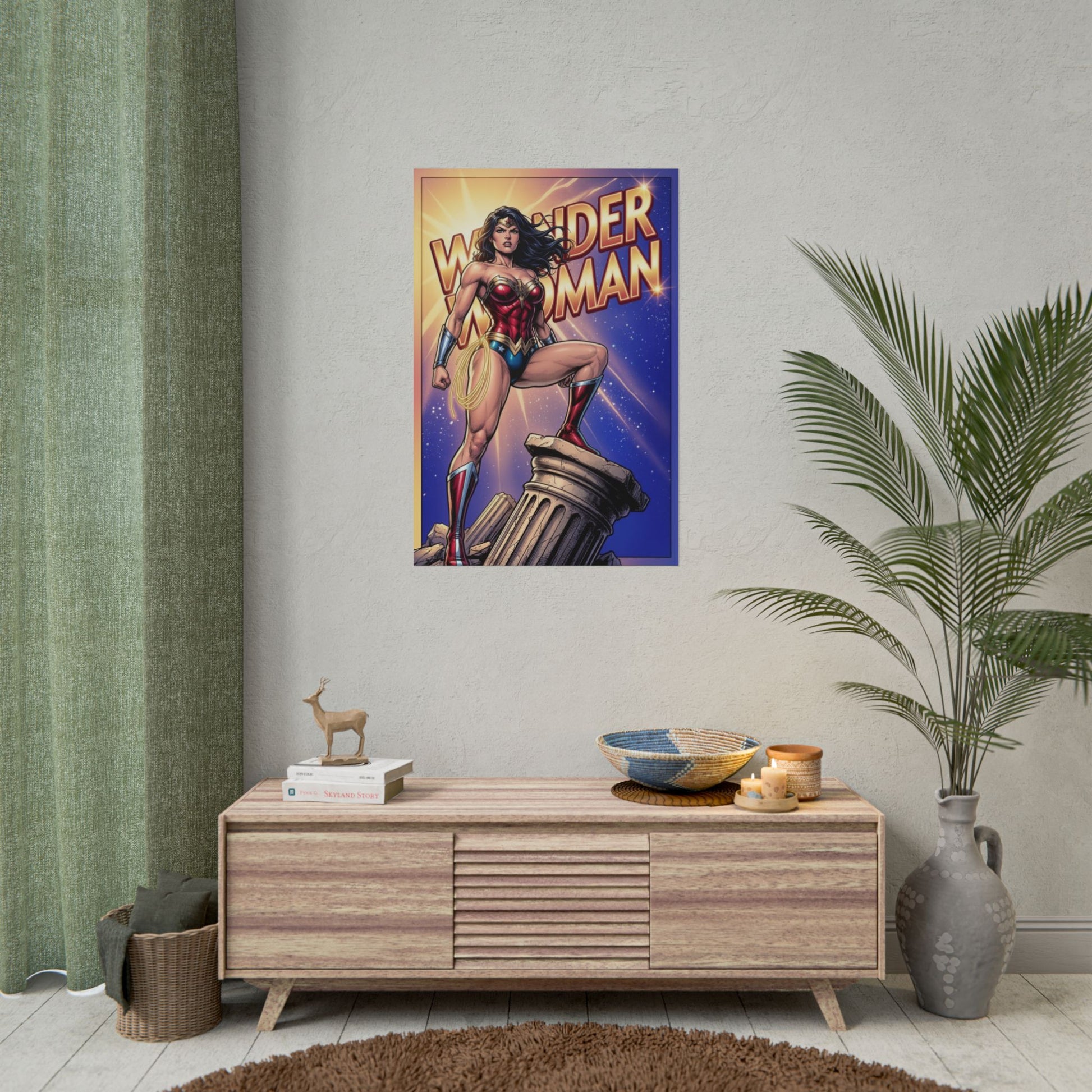 Wonder Woman Poster / Wonder Woman Wall Art / Wonder Woman Art Print / DC Comics Poster showcasing heroic Wonder Woman standing on a column in vibrant colors