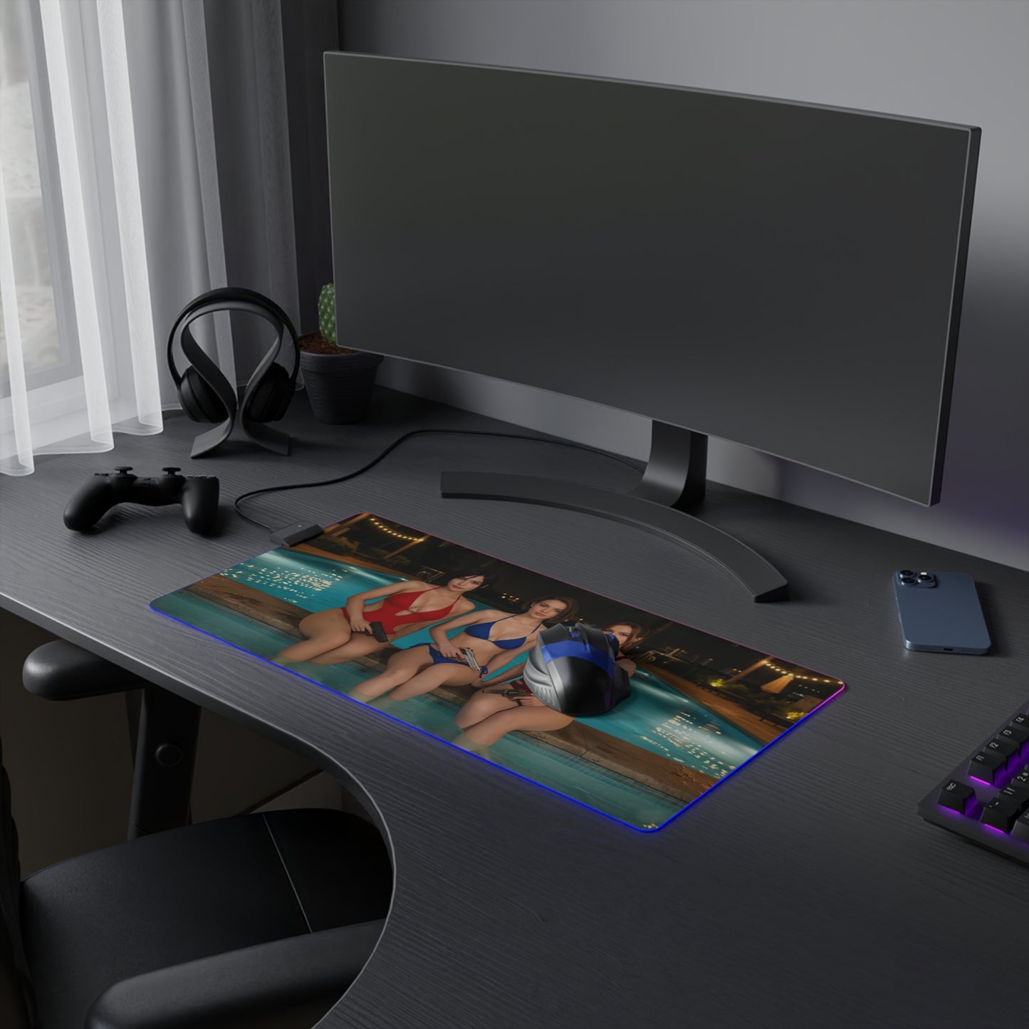 Ada Wong, Claire Redfield & Jill Valentine Desk Mat – LED RGB Pad on gaming desk with RGB lighting and characters poolside