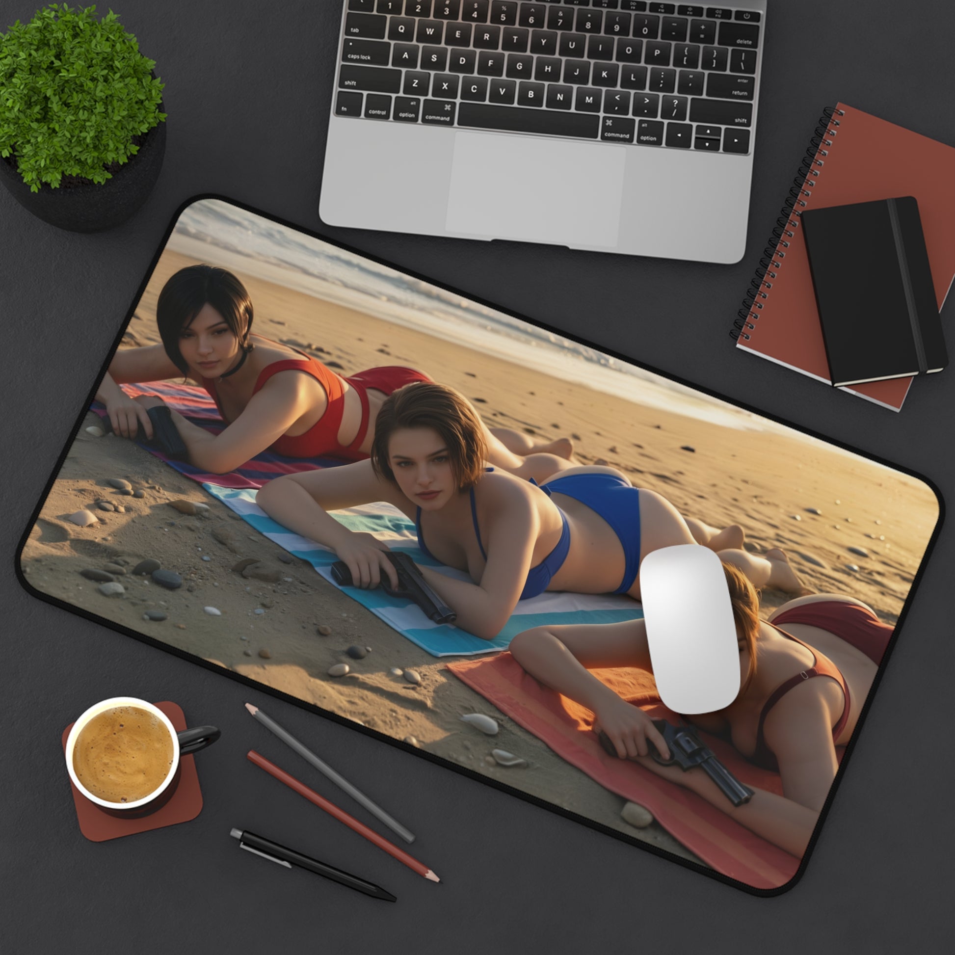 Gaming Mouse Pad – Ada Wong Claire Redfield Jill Valentine Desk Mat, Horror Setup featuring three characters in swimsuits on a beach desk mat