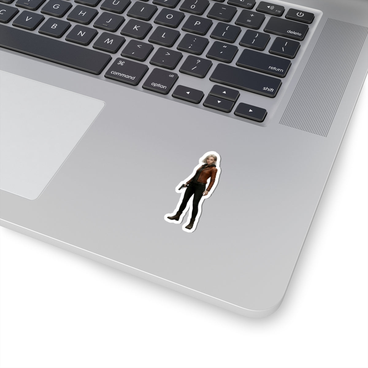 Grace Ashcroft Sticker, Resident Evil Sticker, Laptop Decal, Gift for Gamer on silver laptop showing detailed vinyl character decal with glossy finish