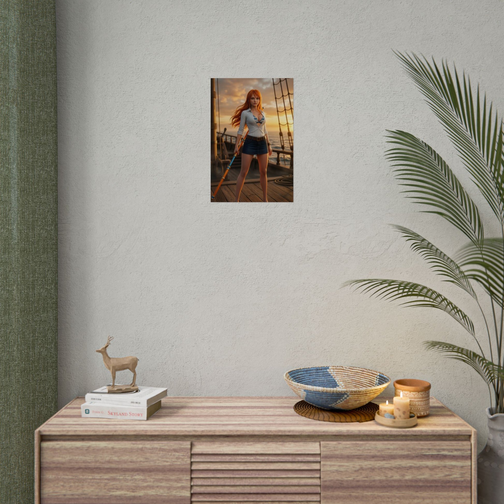 Nami Poster One Piece Wall Art Print Anime Room Decor showing Nami on a ship deck at sunset with warm golden light and her staff