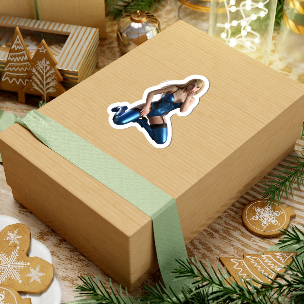 Samus Aran Sticker – Sci-Fi Game Vinyl Sticker for Laptops & Indoor Decor on brown gift box, glossy vibrant vinyl decal showing iconic sci-fi heroine