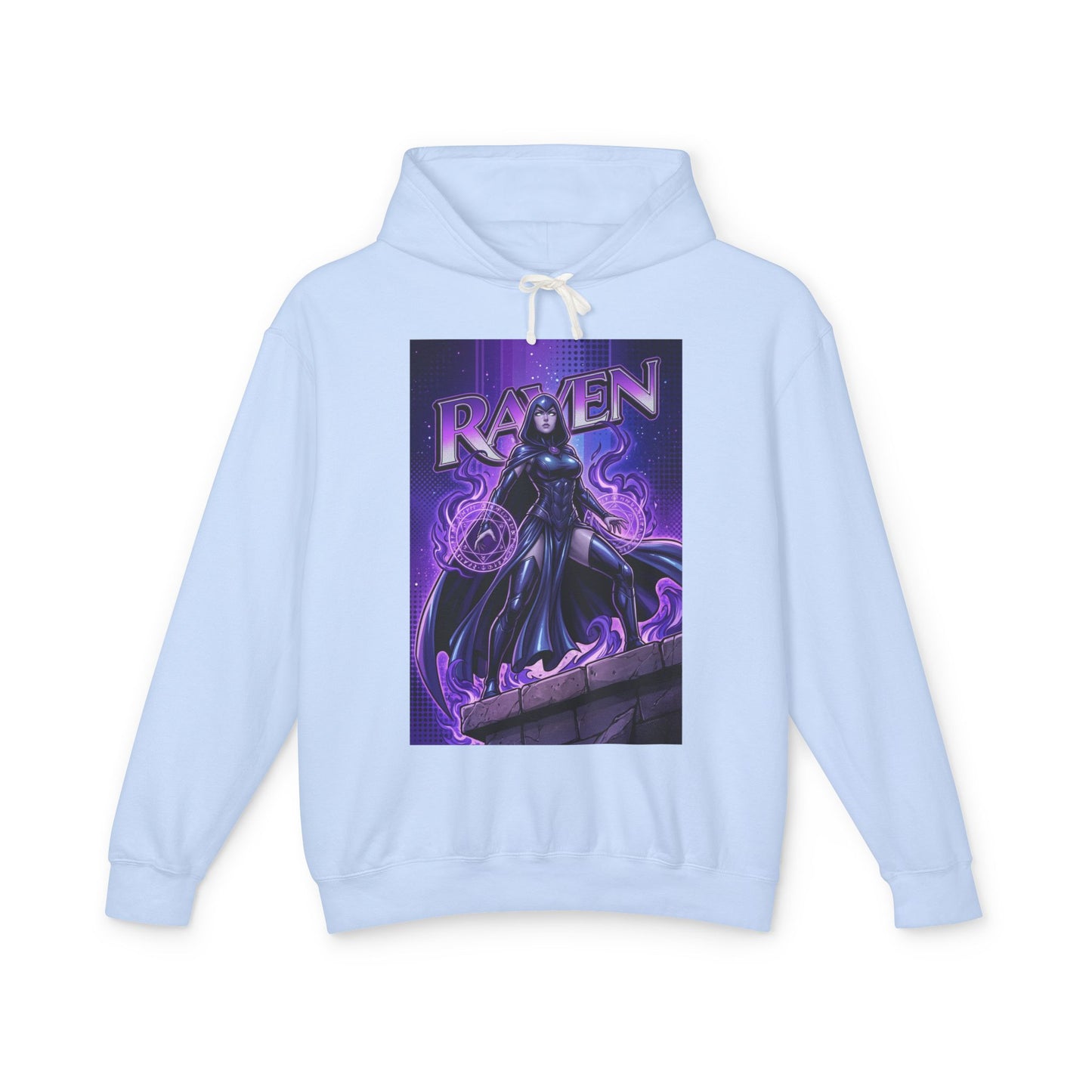 Raven Hoodie | DC Superhero Hoodie | Dark Magic Empress Pullover front view light blue hoodie featuring Raven graphic art with purple arcane energy