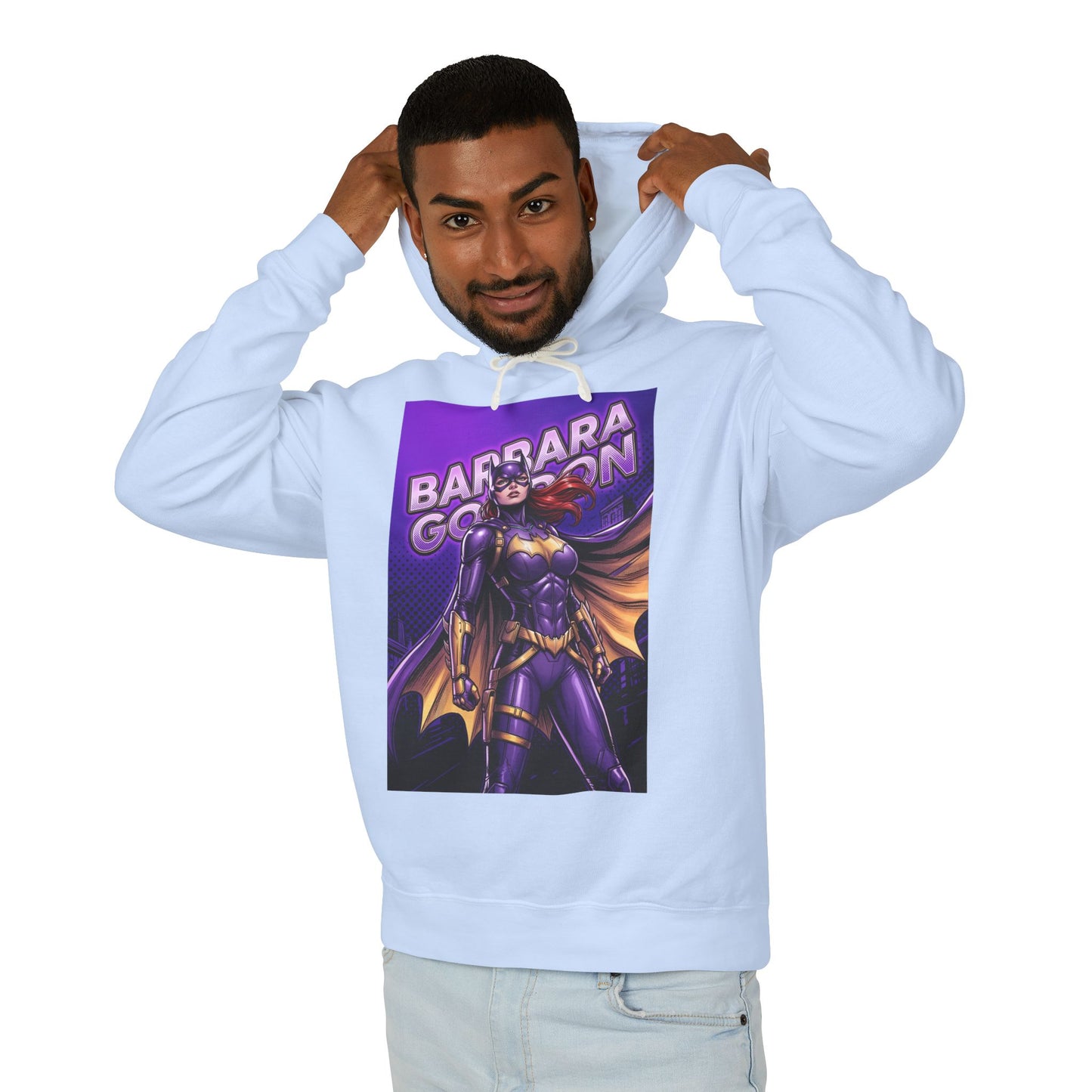 Batgirl Hoodie | DC Superhero Hoodie | Gotham Vigilante Pullover - man wearing purple-and-gold Batgirl graphic hoodie, lightweight 100% cotton relaxed fit
