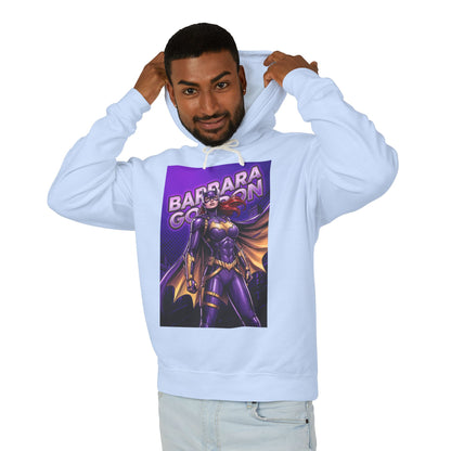 Batgirl Hoodie | DC Superhero Hoodie | Gotham Vigilante Pullover - man wearing purple-and-gold Batgirl graphic hoodie, lightweight 100% cotton relaxed fit
