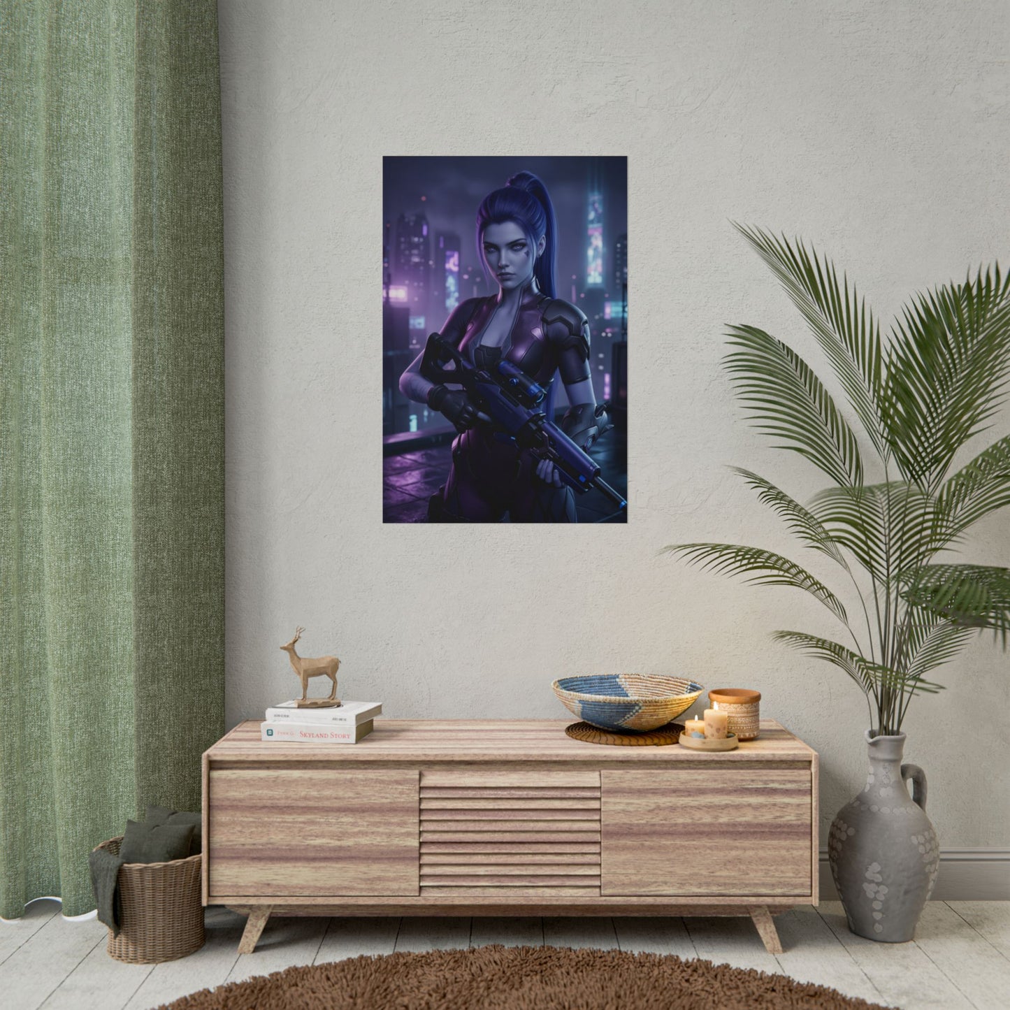 Widowmaker Poster Overwatch Wall Art Print Gaming Room Decor — neon-lit sniper poster for gaming room, cool-toned sci-fi print