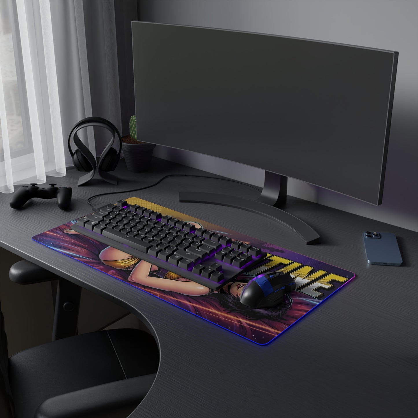 Faye Valentine RGB Desk Mat, Cowboy Bebop Gaming Mouse Pad, LED Desk Mat for Gamer Setup on black PC desk with keyboard and headset
