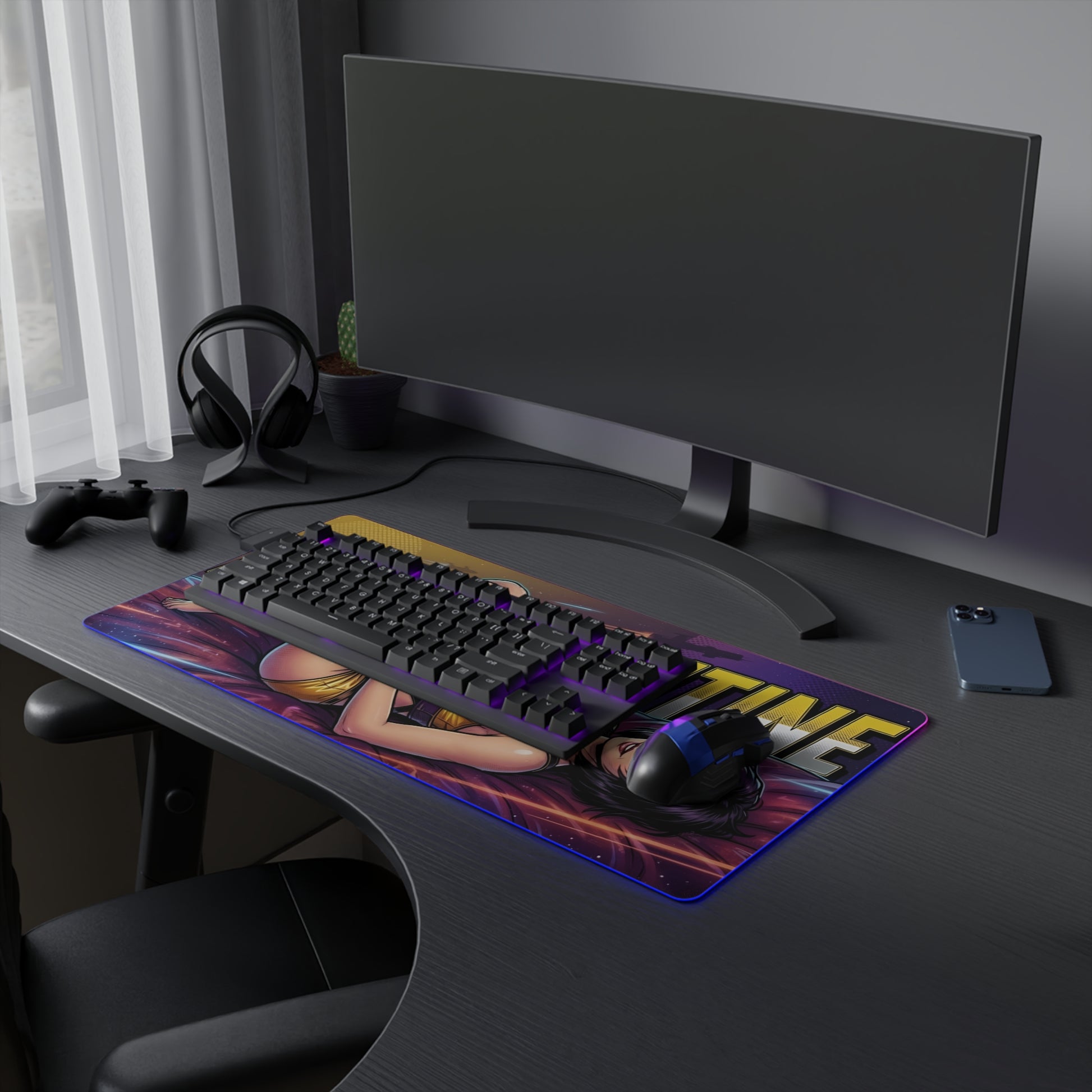 Faye Valentine RGB Desk Mat, Cowboy Bebop Gaming Mouse Pad, LED Desk Mat for Gamer Setup on black PC desk with keyboard and headset