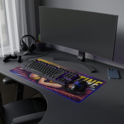 Faye Valentine RGB Desk Mat, Cowboy Bebop Gaming Mouse Pad, LED Desk Mat for Gamer Setup on black PC desk with keyboard and headset