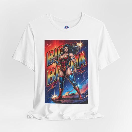 Big Barda T-Shirt | DC Comics Anime Tee for Gamers & Fans - white Bella Canvas tee with bold comic illustration of Big Barda holding mega-rod