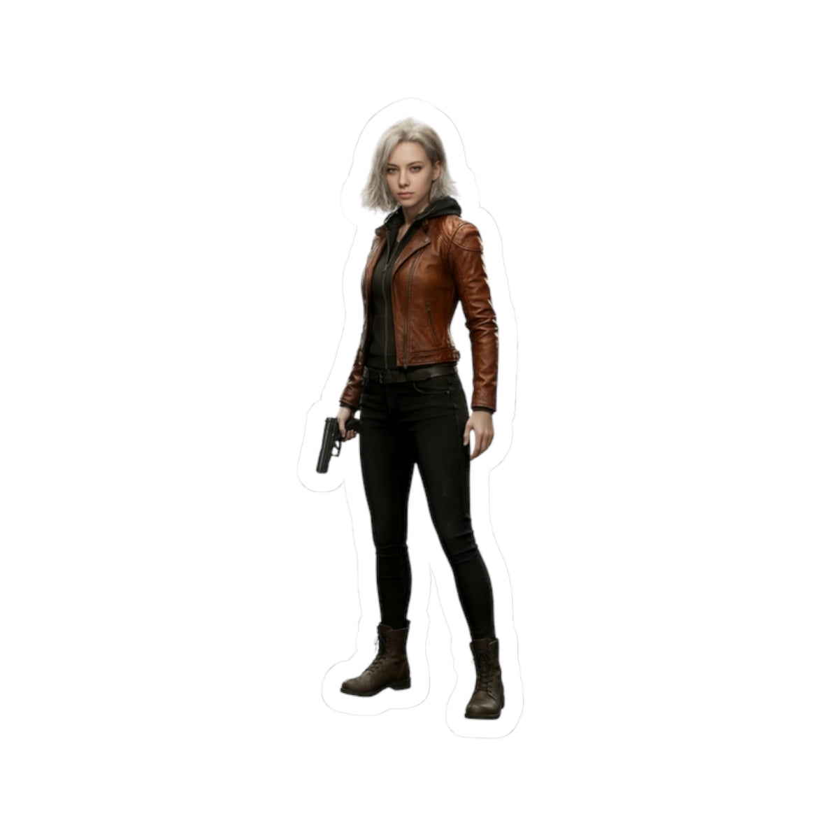 Grace Ashcroft Sticker, Resident Evil Sticker, Laptop Decal, Gift for Gamer — detailed vinyl decal of a female survival-horror character in brown jacket holding a pistol