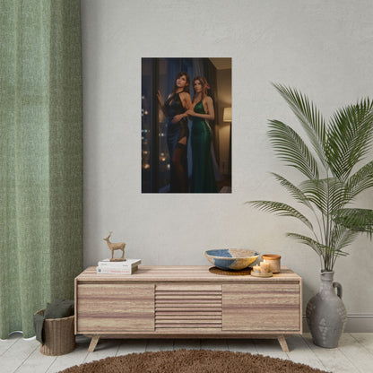 Tifa Aerith Poster, Final Fantasy Art Print – RPG Fan Wall Artwork showcasing two heroines in elegant evening gowns over a modern console