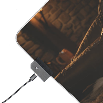 Alt Tag: Ciri Desk Mat – LED RGB Pad, Waifu Fantasy Girl Gaming Setup close-up of LED controller and stitched edge on fantasy-themed gaming desk mat
