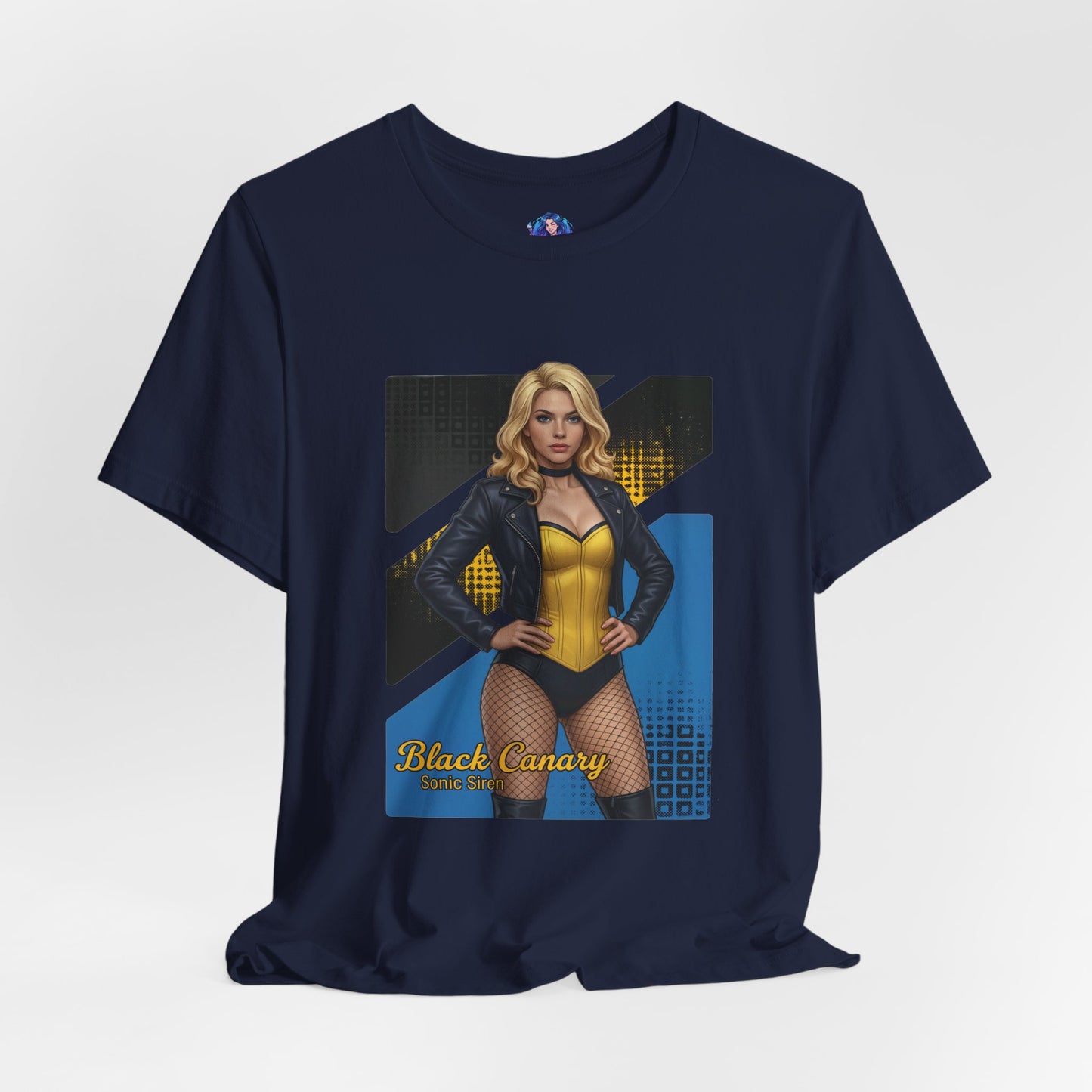 Black Canary T-Shirt | DC Comics Anime Tee for Gamers & Hero Fans – navy tee with anime-style Black Canary illustration and bold hero pose