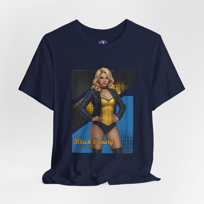 Black Canary T-Shirt | DC Comics Anime Tee for Gamers & Hero Fans – navy tee with anime-style Black Canary illustration and bold hero pose