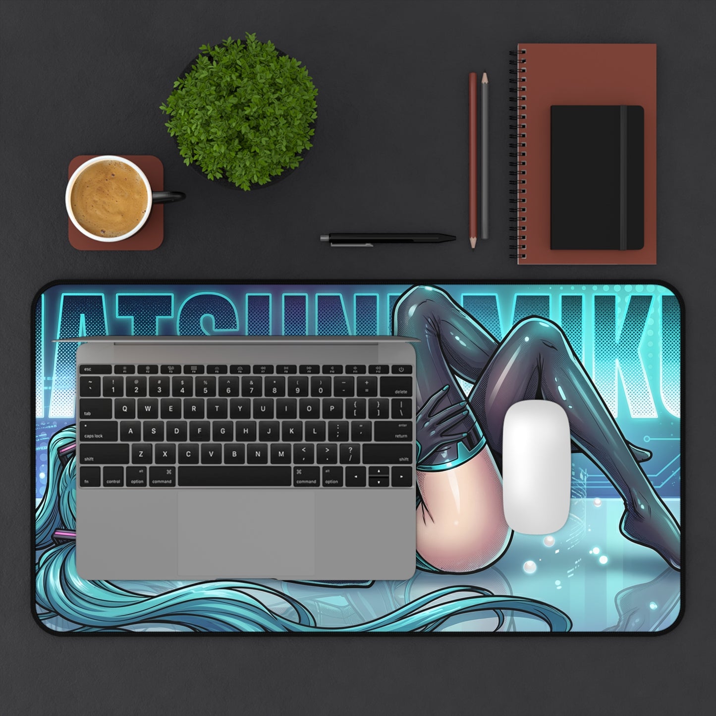 Hatsune Miku Desk Mat, Vocaloid Mouse Pad, Anime Gaming Desk Setup — vibrant neon idol artwork desk mat with stitched edges and non-slip base