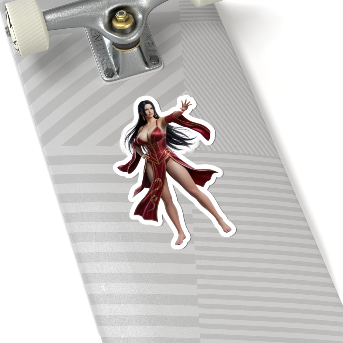Boa Hancock Sticker – Anime Character Vinyl Sticker for Laptops & Indoor Decor on skateboard showing glossy, detailed vinyl anime character sticker