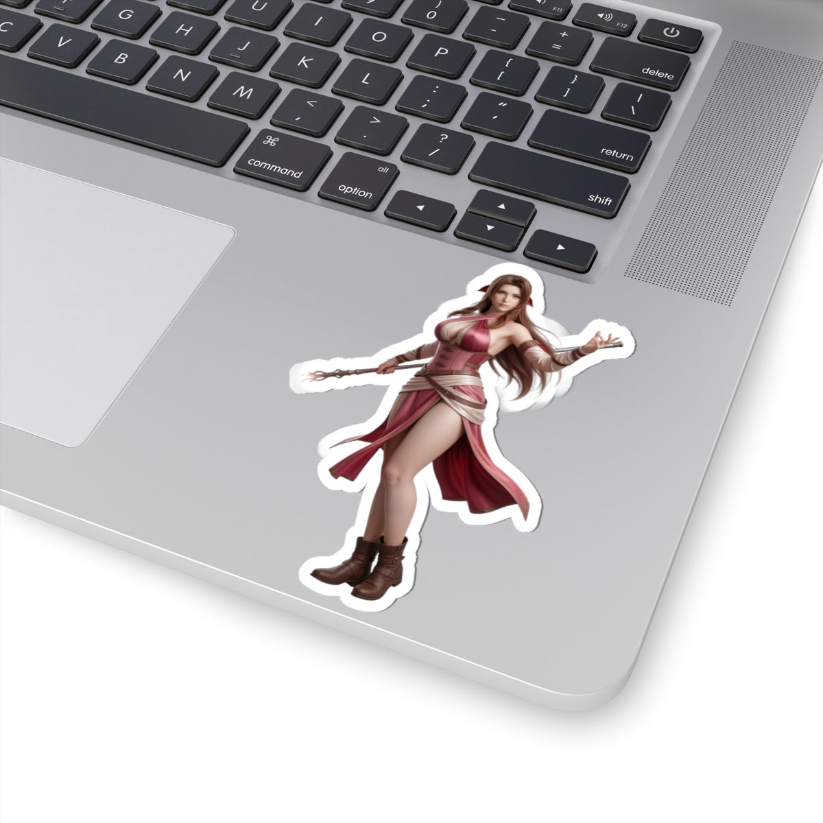 Aerith Sticker – Fantasy Game Vinyl Sticker for Laptops & Indoor Decor on silver laptop showing glossy, durable vinyl character decal