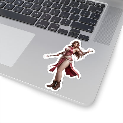 Aerith Sticker – Fantasy Game Vinyl Sticker for Laptops & Indoor Decor on silver laptop showing glossy, durable vinyl character decal