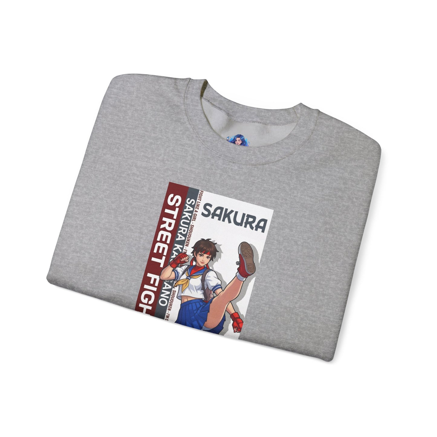 Sakura Sweatshirt, Street Fighter Crewneck, Classic Fighting Game Apparel for Fans - grey crewneck with Sakura artwork