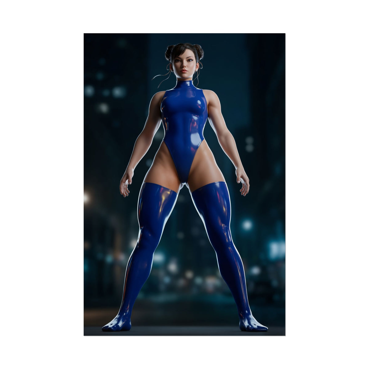 Chun-Li Poster, Street Fighter Art Print  Fighting Game Wall Decor featuring dynamic full-body blue costume art for gamer room or collector display