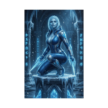 Frost Mortal Kombat Poster – Ice Warrior Heroine Wall Art for Gamer Decor: blue armored heroine kneeling on icy pedestal with glowing daggers