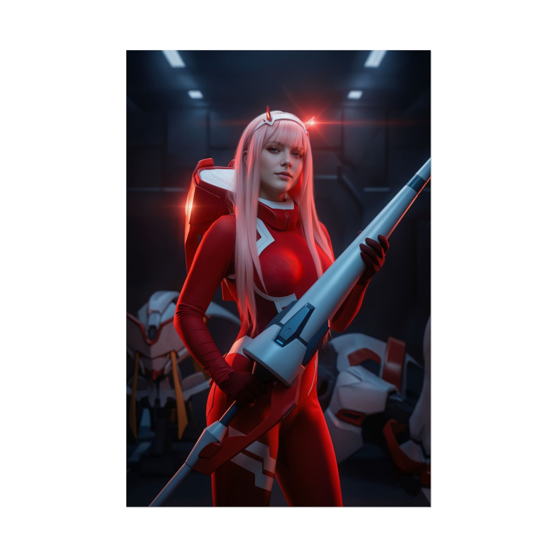 Zero Two Poster, Darling in the Franxx Art Print – Iconic Anime Heroine featuring Zero Two in red pilot suit holding a rifle in mech bay