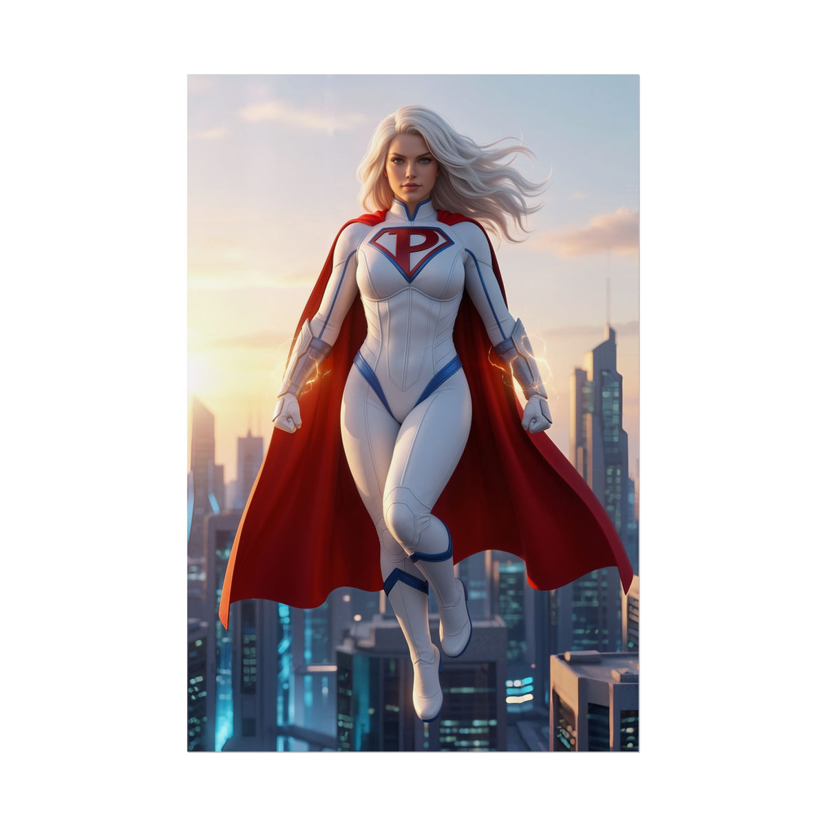 Power Girl Poster, DC Comics Wall Art Print  Heroine Decor  dynamic heroine flying over city skyline, red cape and emblem