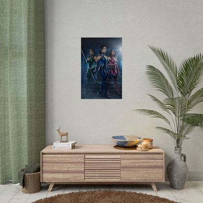 Kitana Jade Mileena Poster, Mortal Kombat Art Print – Iconic Fighter Trio on a modern gaming room wall, trio of female fighters artwork