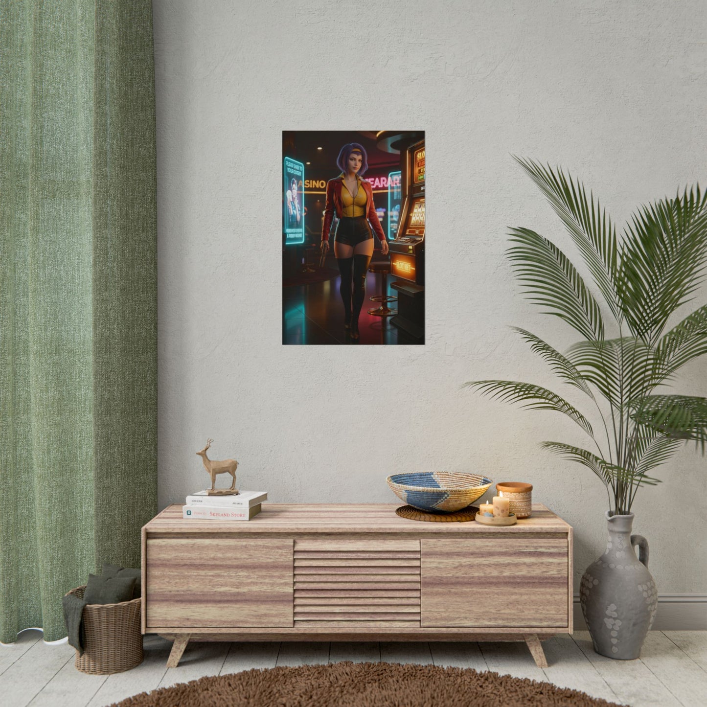 Faye Valentine Poster, Cowboy Bebop Art Print – Anime Wall Art shown framed in modern gamer room decor over console
