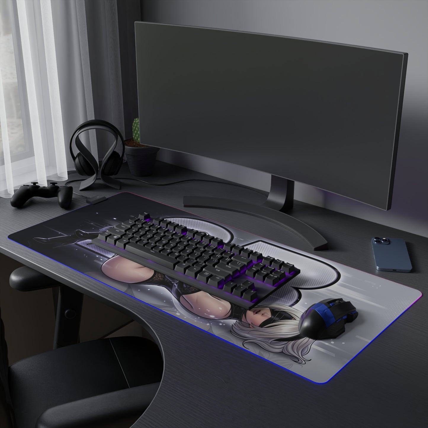 2B RGB Desk Mat, NieR Automata Gaming Mouse Pad, LED Desk Mat showcasing sci-fi artwork on an RGB LED extended mouse pad with non-slip base