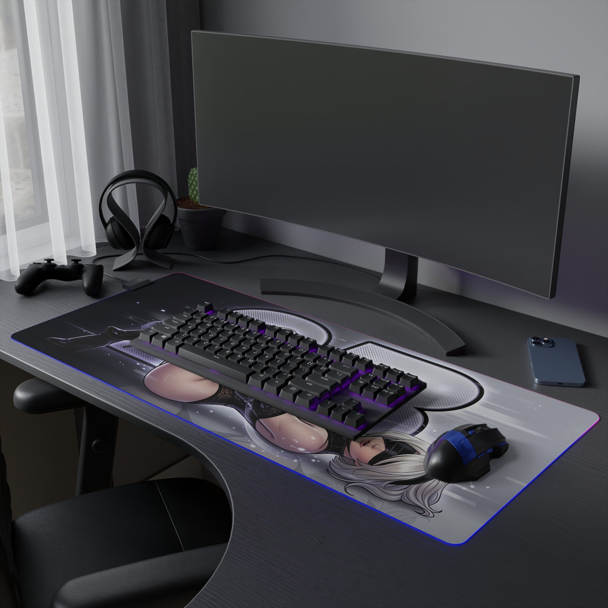 2B RGB Desk Mat, NieR Automata Gaming Mouse Pad, LED Desk Mat showcasing sci-fi artwork on an RGB LED extended mouse pad with non-slip base