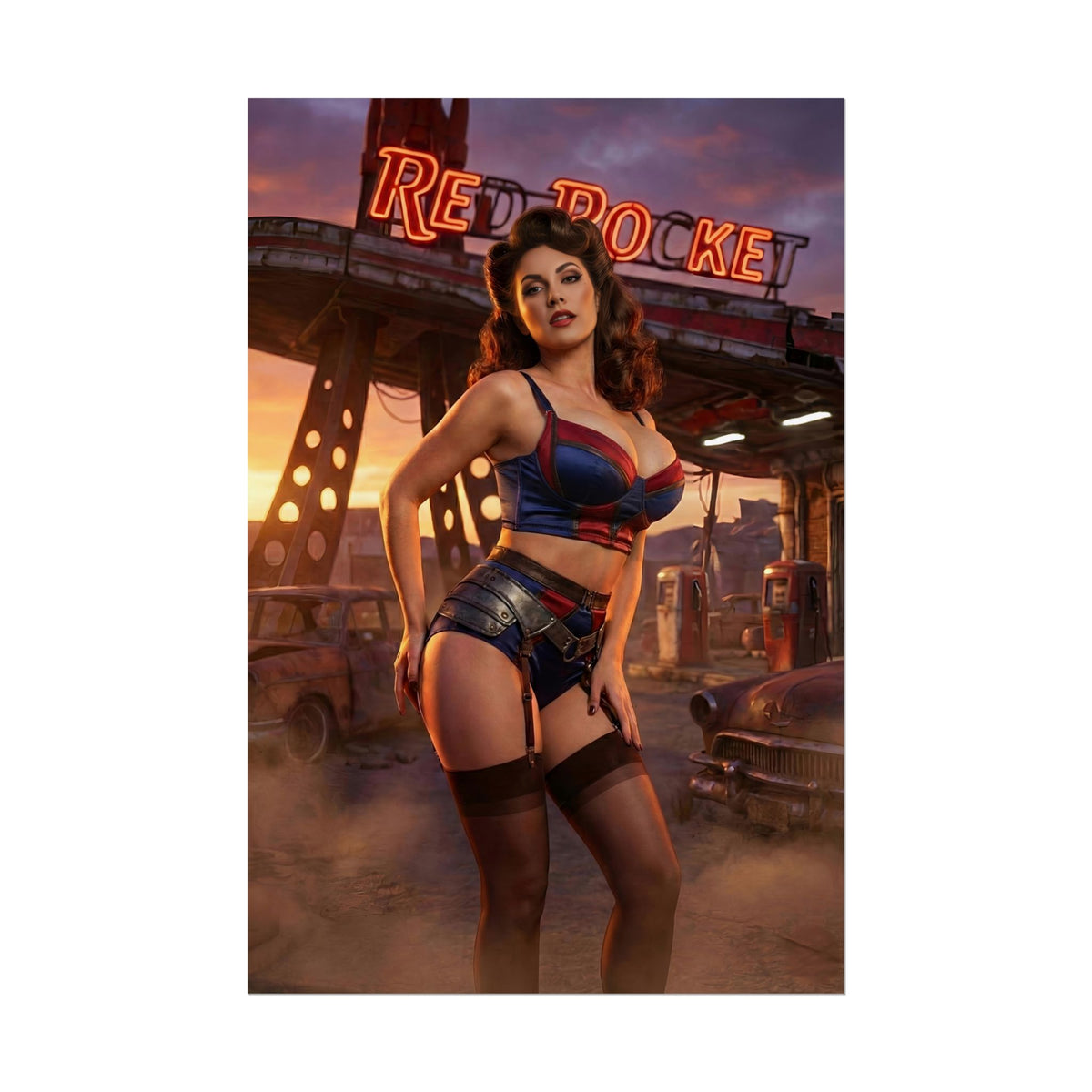 Fallout Pin Up Woman Poster / Fallout Pin Up Wall Art / Fallout Pin Up Art Print / Fallout Poster - retro pin-up femme at Red Rocket gas station in post-apocalyptic setting