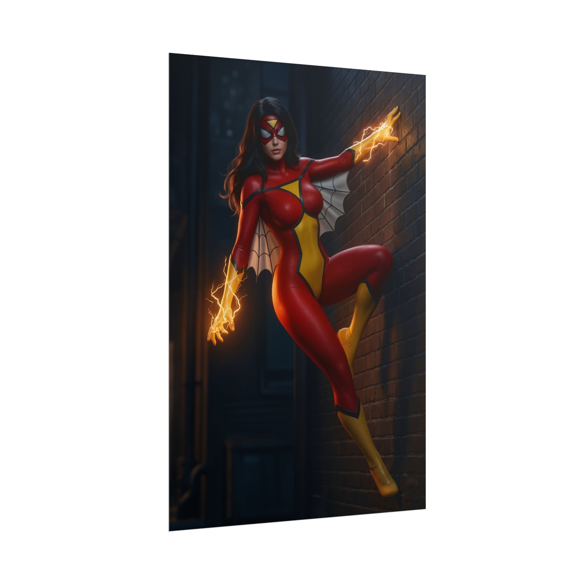 Spider-Woman Poster, Marvel Comics Art Print, Iconic Superhero Wall Decor - dynamic Spider-Woman artwork in red yellow suit with glowing energy on alley wall