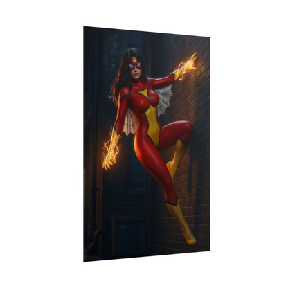 Spider-Woman Poster, Marvel Comics Art Print, Iconic Superhero Wall Decor - dynamic Spider-Woman artwork in red yellow suit with glowing energy on alley wall