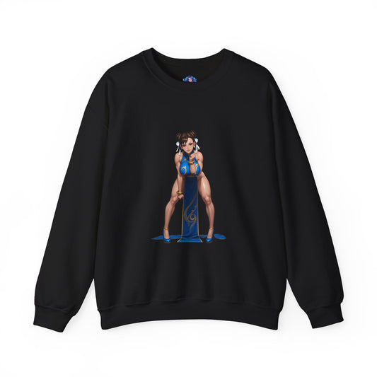 Chun-Li Sweatshirt, Street Fighter Crewneck, Gaming Apparel for Fans & Collectors – black crewneck featuring Chun-Li blue artwork, spiked bracelets, powerful stance