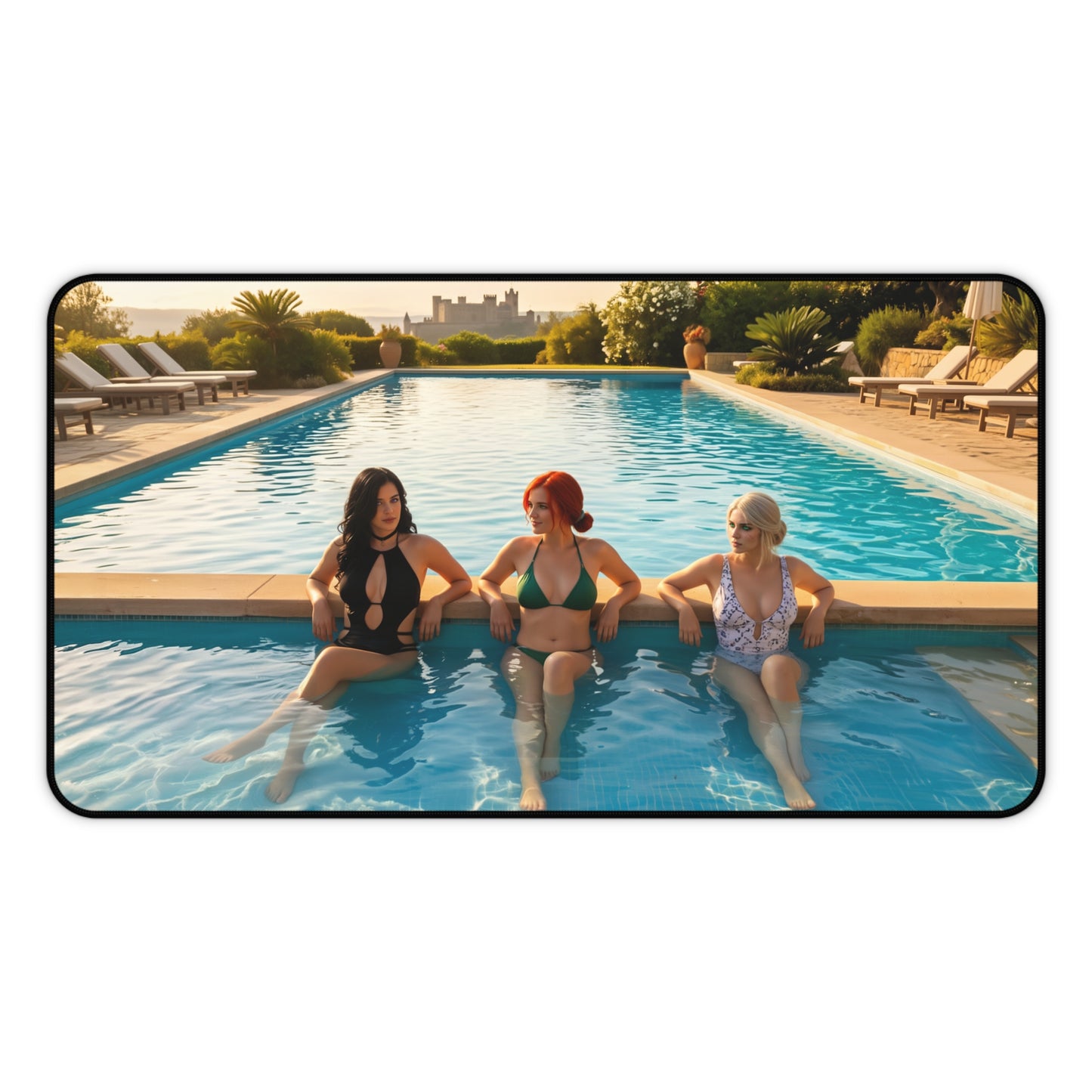 Witcher Gaming Mouse Pad – Ciri Triss Yennefer Desk Mat, Fantasy RPG Setup featuring Ciri Triss and Yennefer artwork poolside scene on desk mat