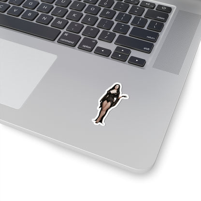 Morticia Addams Sticker – Gothic Character Vinyl Sticker for Laptops & Indoor Decor on silver laptop showing glossy durable vinyl, crisp detail, bubble-free application